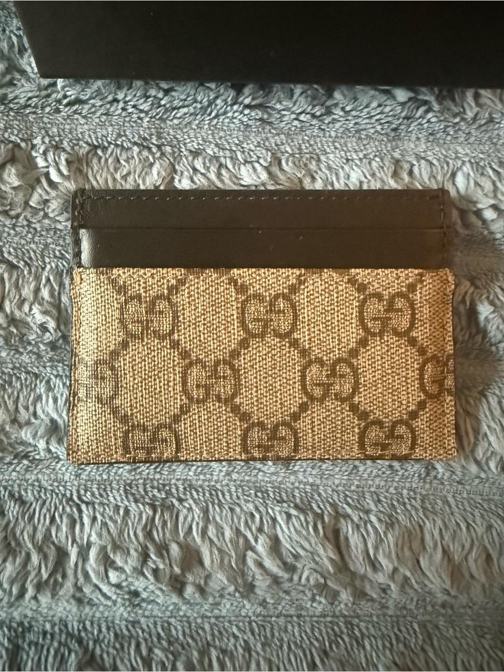 AUTHENTIC- Gucci Brown & Beige GG Canvas Card Holder with Black Trim